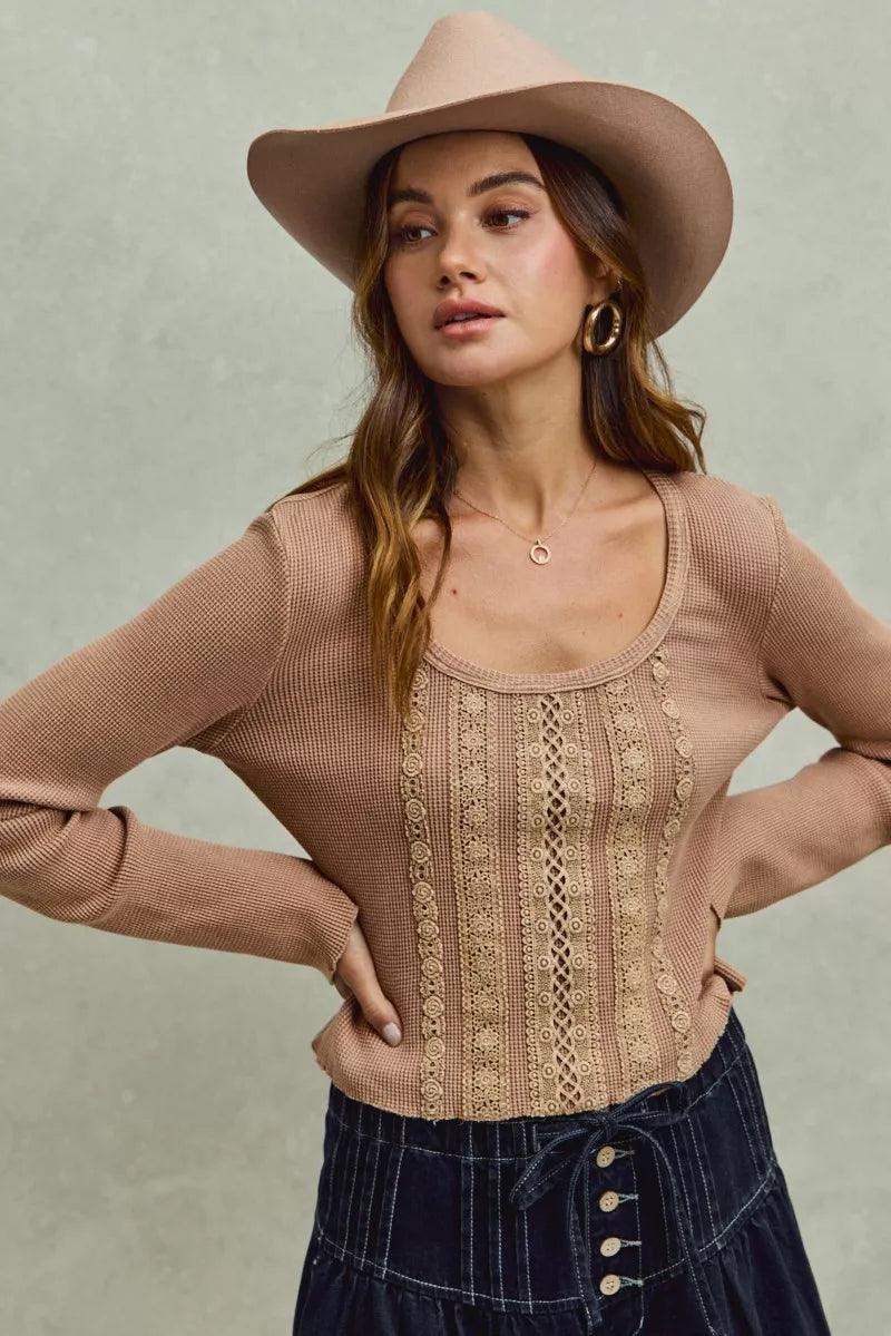 Vintage Washed Lace Crop Thermal Washed Knit Top