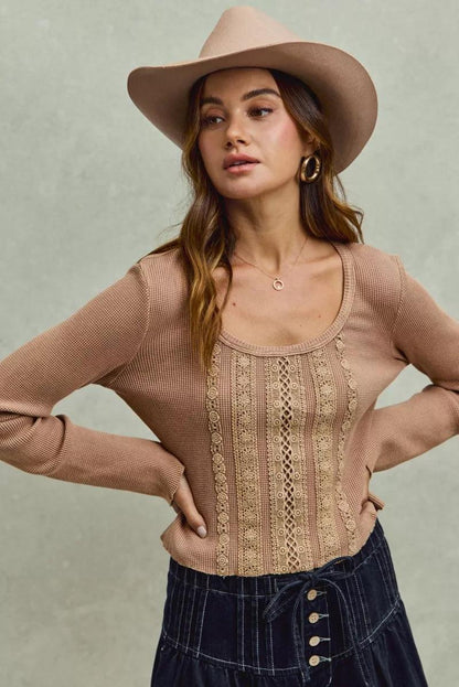 Vintage Washed Lace Crop Thermal Washed Knit Top