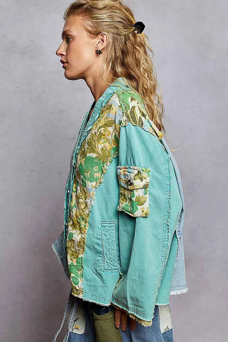 Button Down Floral V-Neck Long Sleeve Raw Hem Top For Women Trendsi