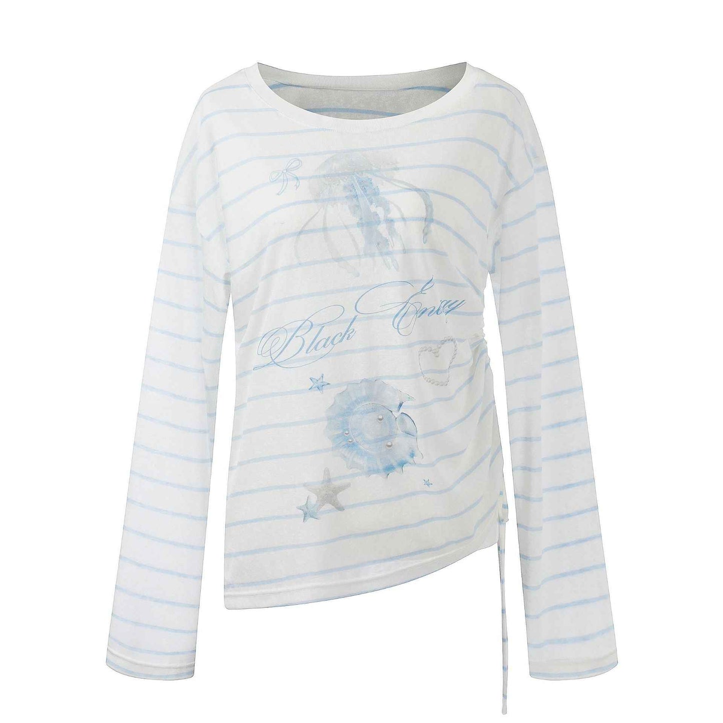 Stripe Jellyfish Print Loose Top for Women, Lightweight Side Drawstring Slimming Long Sleeve Shirt White