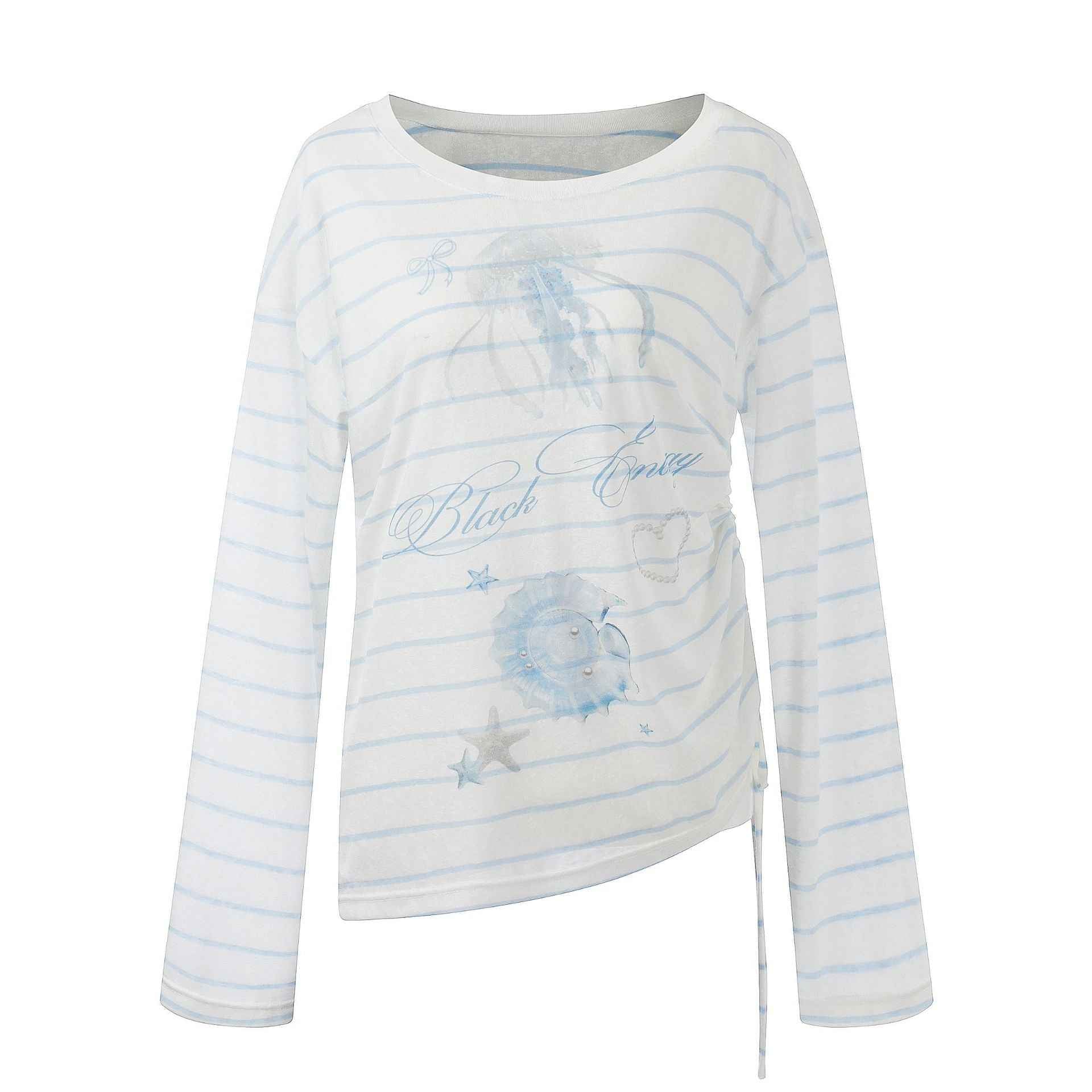 Stripe Jellyfish Print Loose Top for Women, Lightweight Side Drawstring Slimming Long Sleeve Shirt White