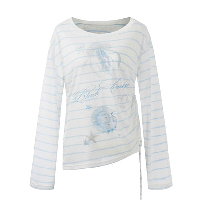 Stripe Jellyfish Print Loose Top for Women, Lightweight Side Drawstring Slimming Long Sleeve Shirt White