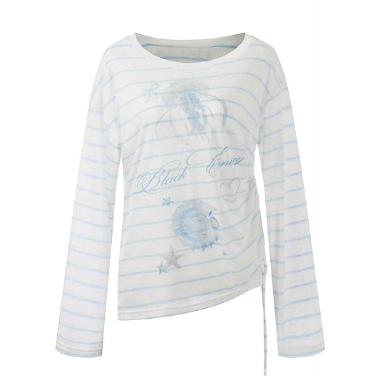 Stripe Jellyfish Print Loose Top for Women, Lightweight Side Drawstring Slimming Long Sleeve Shirt White