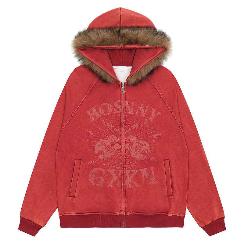 Fur Collar Hood Sweater For Men And Women Red MuddyStock