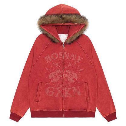 Fur Collar Hood Sweater For Men And Women Red MuddyStock