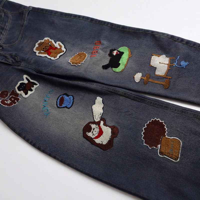 Vintage Cartoon Towel Embroidery Washed Knife-Edge Jeans For Men And Women | MuddyStock Originals MuddyStock