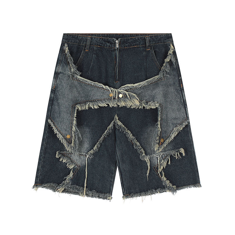 Five pointed star tassel patch denim shorts Washed Blue