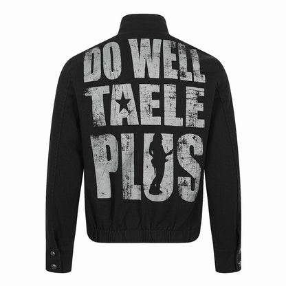 Rock Print Metal Snap Button Decorated Stand Collar Jacket