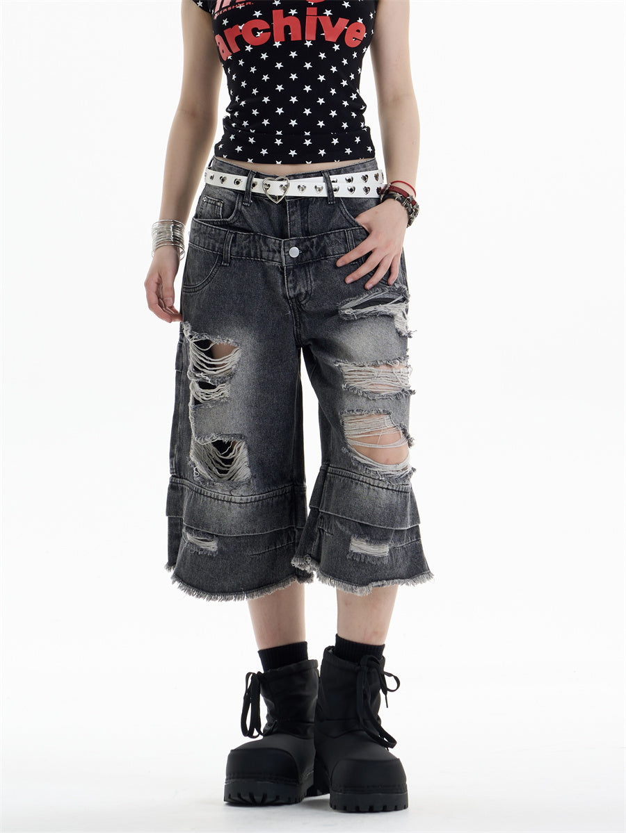 Ripped Denim Cropped Pants For Women Black