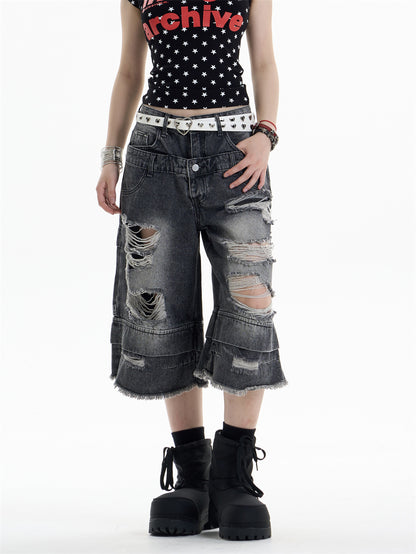 Ripped Denim Cropped Pants For Women Black