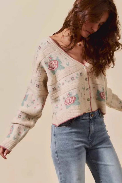 Floral Pattern Long Sleeve Button Sweater Cardigan For Women Trendsi