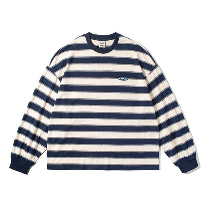 Japanese-style Retro Striped Long Sleeve T-shirt Loose Khaki Couple's Shirts Navy Blue Stripes MuddyStock