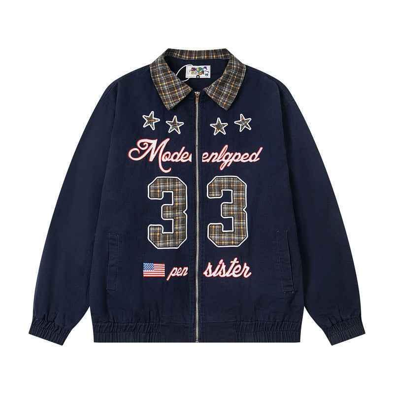 Vintage Star Letter Embroidery Patchwork Turn-down Collar Jacket for Women | MuddyStock Originals Royal Blue