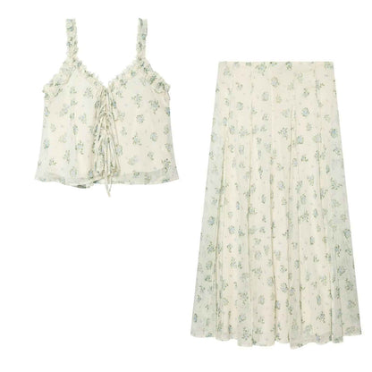 French floral V-neck top+A-line large swing skirt set | MuddyStock Originals Set