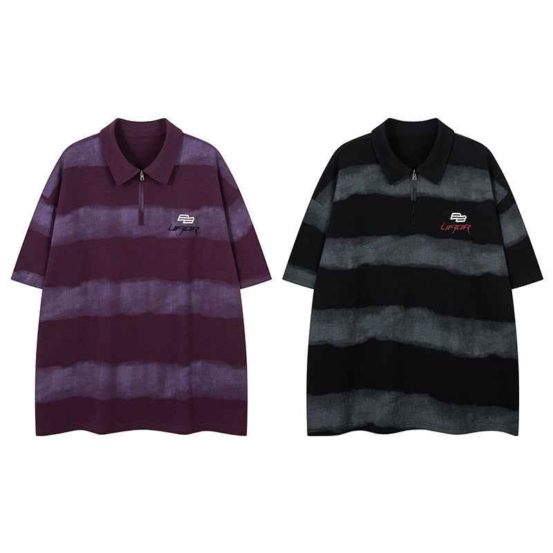 Letter Embroidery Stripe Half-Zip Flip Collar Short Sleeve T-Shirt For Men | MuddyStock Originals MuddyStock