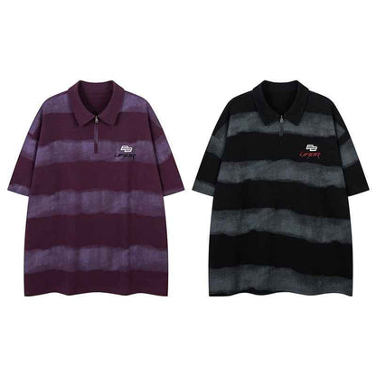 Letter Embroidery Stripe Half-Zip Flip Collar Short Sleeve T-Shirt For Men | MuddyStock Originals MuddyStock