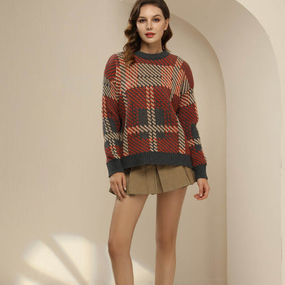 Loose Plaid Pullover Long-sleeved Sweater For Women MuddyStock