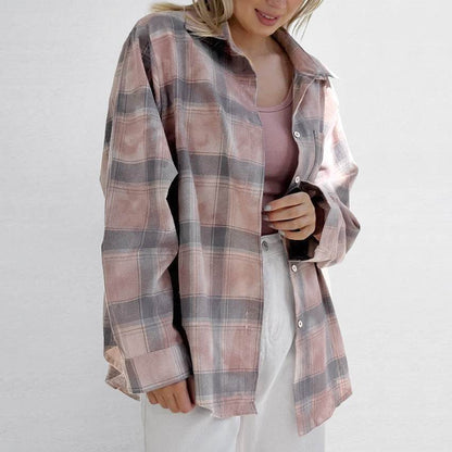 Retro loose long sleeved checkered shirt for women MuddyStock