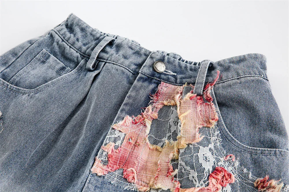 Patchwork Lace Washed Shorts For Women MuddyStock