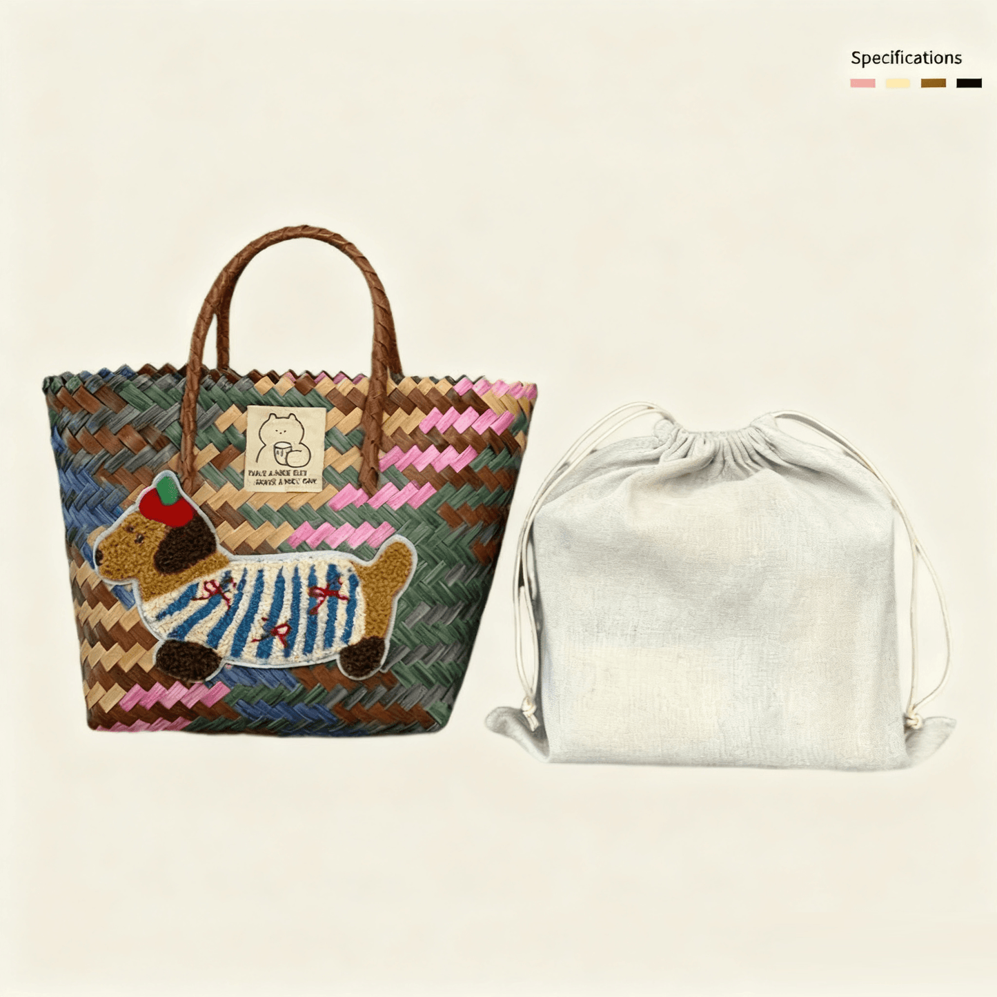 Large capacity sausage dog hand woven cabbage basket bag Handheld - Six-Color Puppy (with Lining)