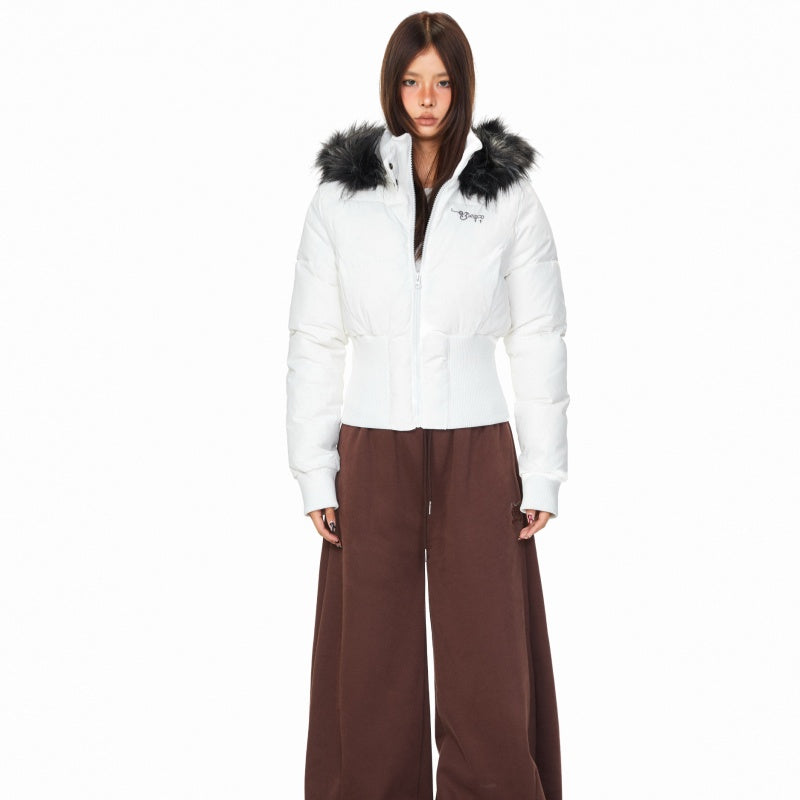 Printed Fur-collar Hooded Jacket For Women
