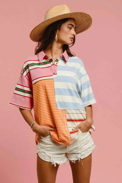 Mix And Match Stripe Color Block T-shirt For Women Trendsi