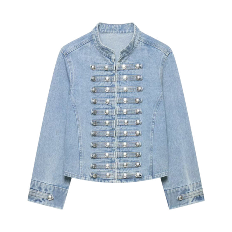 Fashionable Buttoned Round-neck Denim Jacket For Women Light Blue All Products