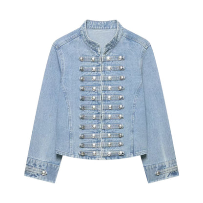 Fashionable Buttoned Round-neck Denim Jacket For Women Light Blue All Products