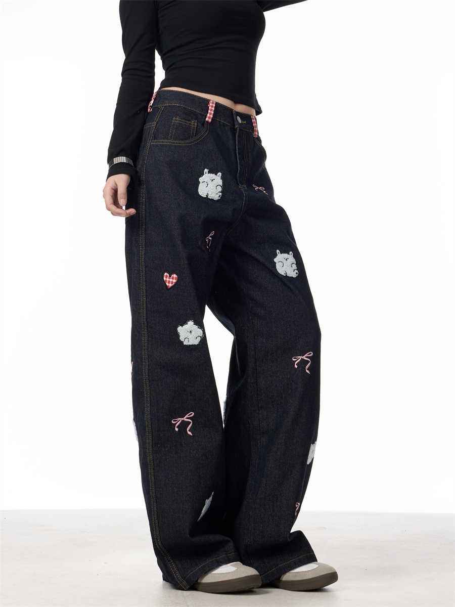 Lamb Embroidery Retro Straight-leg Pants For Women MuddyStock
