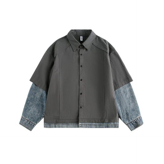 Splicing fake two denim shirts with retro loose fit for women | MuddyStock Originals Gray MuddyStock