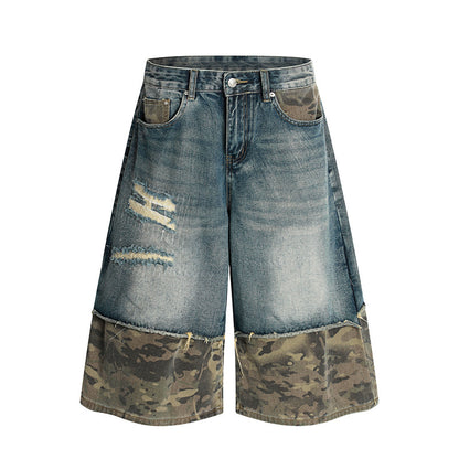 Camouflage patchwork denim shorts Blue