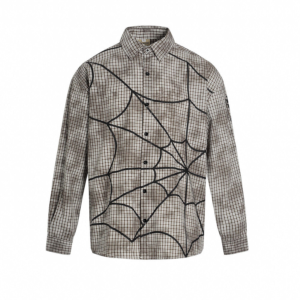 Unique Trendy Tie-Dye Plaid Long Sleeve Shirt for Men Vibe Design Spider Web Letter Print Shirt Coffee Grey