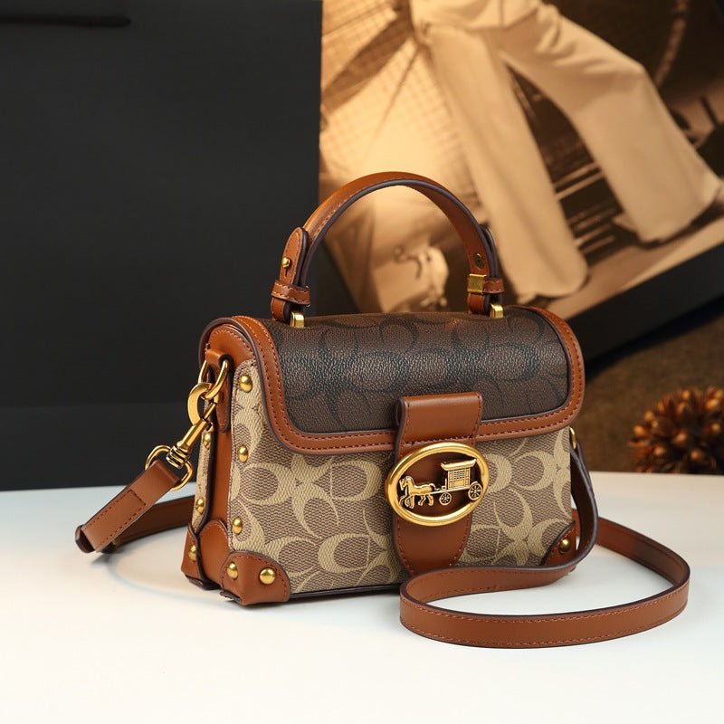 Leather Small Square Bag for Women, Fashionable Magenta Color, Handheld Mini Bag, Elegant and Stylish, Shoulder Crossbody Bag Brown eprolo