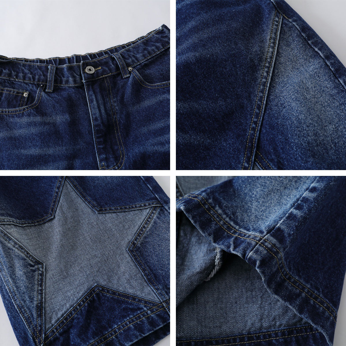 Street Washed Retro Design Star Patchwork Seven-Quarter Denim Pants Unisex Cool Casual Shorts