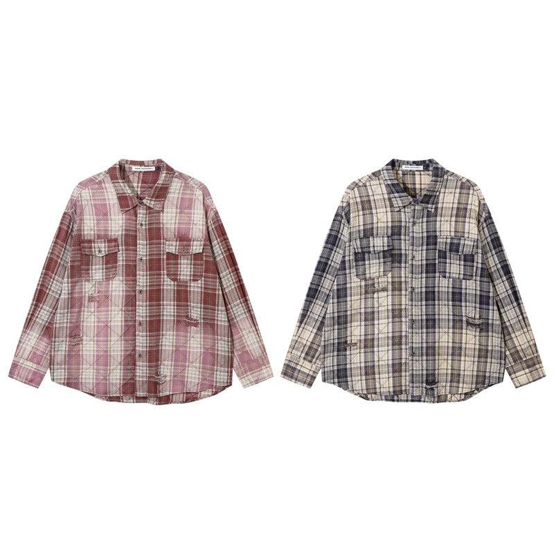 Dip-Dyed Washed Faded Plaid Shirt with Ripped For Men And Women | MuddyStock Originals MuddyStock
