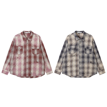 Dip-Dyed Washed Faded Plaid Shirt with Ripped For Men And Women | MuddyStock Originals MuddyStock