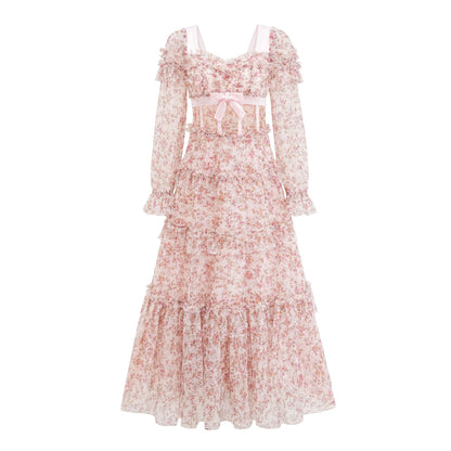 Floral Print Dress High Waist Slimming Long dress | MuddyStock Originals Pink