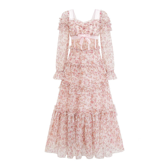 Floral Print Dress High Waist Slimming Long dress | MuddyStock Originals Pink