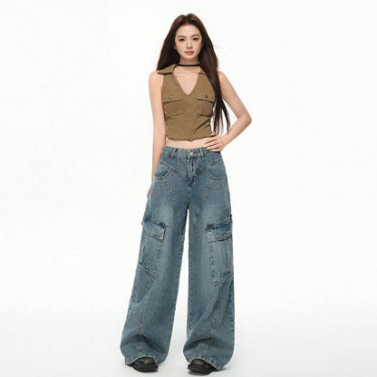 Women's Multi-Pocket Workwear Denim Pants Loose Wide-Leg Pants Vintage Blue # Extended Length eprolo