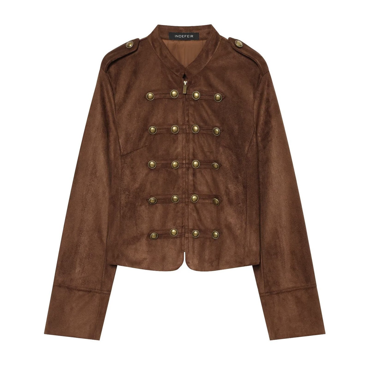 Punk Court Style Double-Breasted Metal Decorated Napoleon Collar Padded Shoulder Jacket Coffee