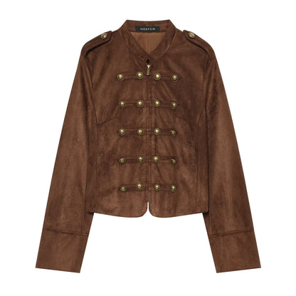Punk Court Style Double-Breasted Metal Decorated Napoleon Collar Padded Shoulder Jacket Coffee
