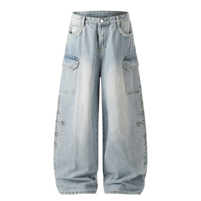 Stamping decorative wide leg denim pants for women | MuddyStock Originals Blue