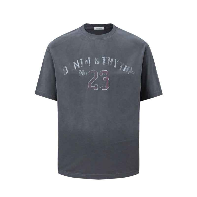 Washed vintage letter printed short sleeved T-shirt for men | MuddyStock Originals Gray