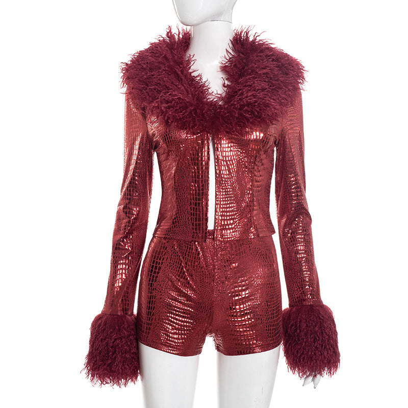 Long sleeved top and tight shorts two-piece set Red