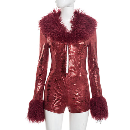 Long sleeved top and tight shorts two-piece set Red