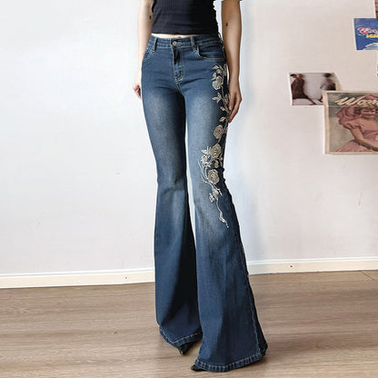 Rose embroidery retro gradient niche spicy jeans