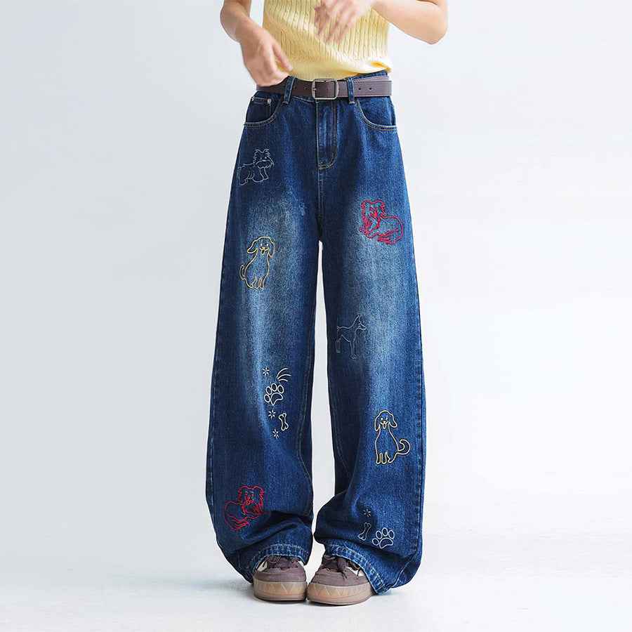 Dog Embroidered Wide Leg Jeans For Men And Women MuddyStock