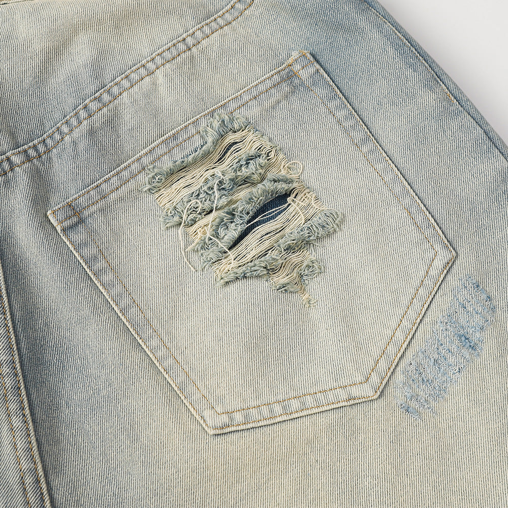 Heavy Distressed Washed Denim Shorts Men's Punk Frayed Hem Loose Straight Leg Five-Quarter Pants Summer