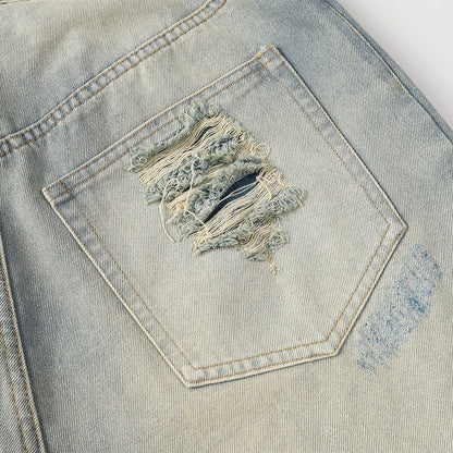 Heavy Distressed Washed Denim Shorts Men's Punk Frayed Hem Loose Straight Leg Five-Quarter Pants Summer