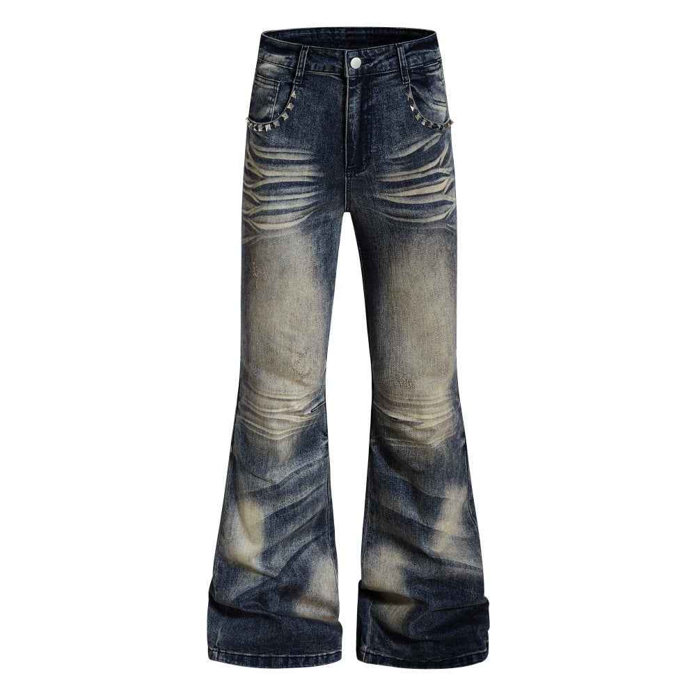 Color blocking white washed denim bell bottom pants Blue